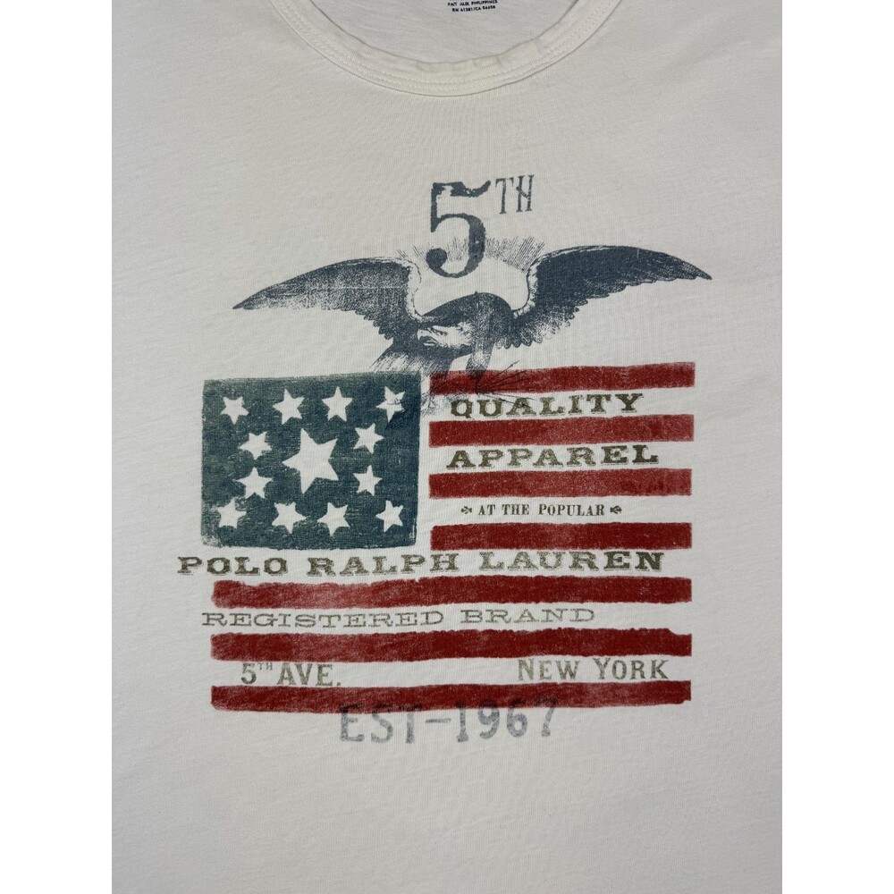 Polo Ralph Lauren Women's M Distressed American Flag Graphic T-Shirt Cream USA - Picture 3 of 8